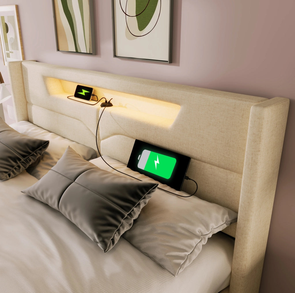 Letto matrimoniale imbottito 140x200 cm in lino beige con LED; USB e Type-C