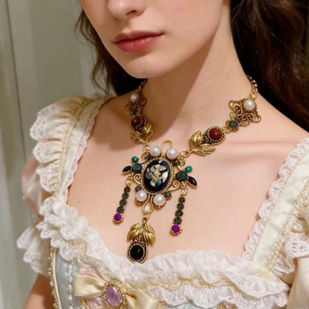 Collana Hanfu retr¨° da donna, catena per clavicola con perle di cristallo, ciondolo con pietre preziose, catena per maglione