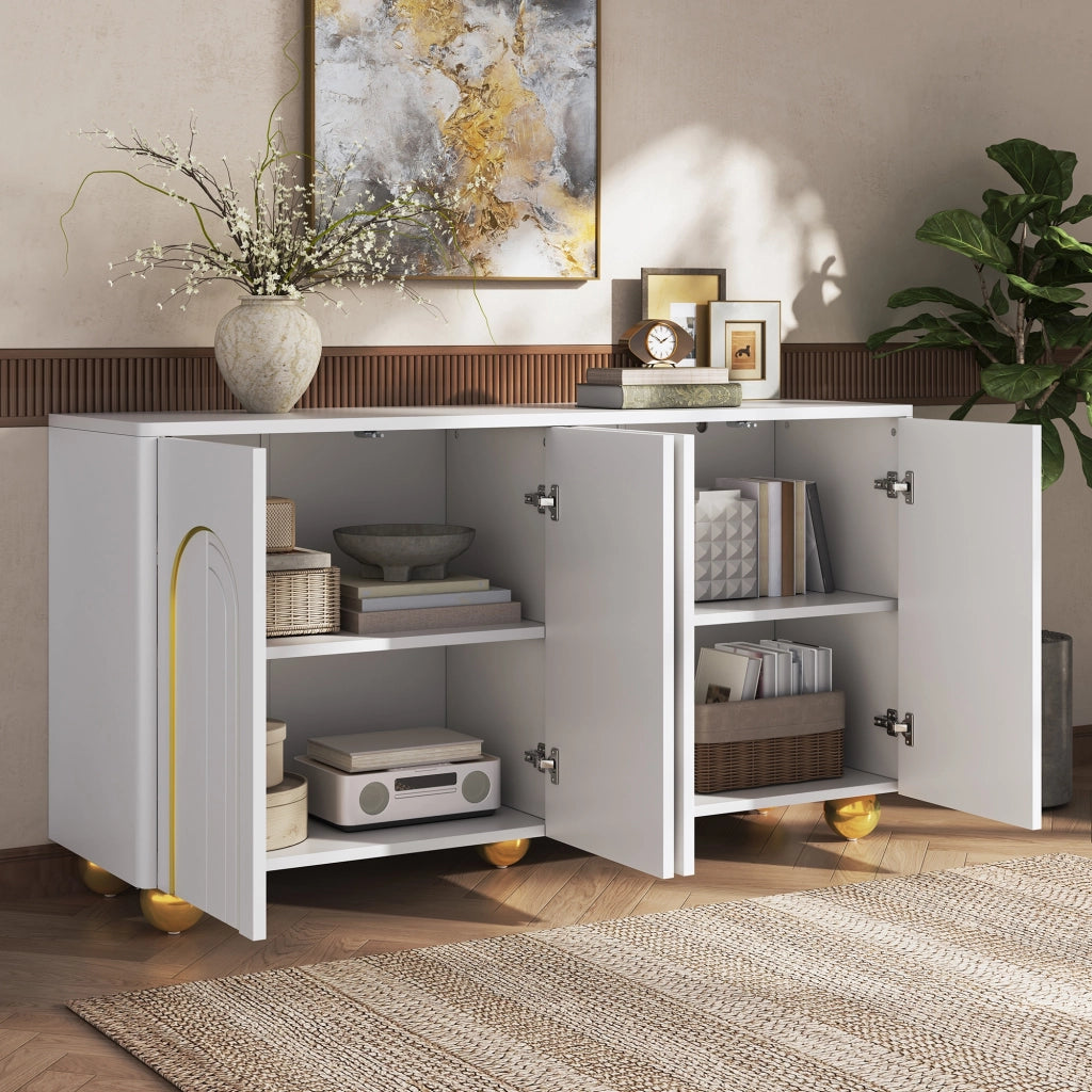 Credenza, mobile contenitore, ante con decorazioni ad arco in filo d’oro, piedini metallici sferici, bianco