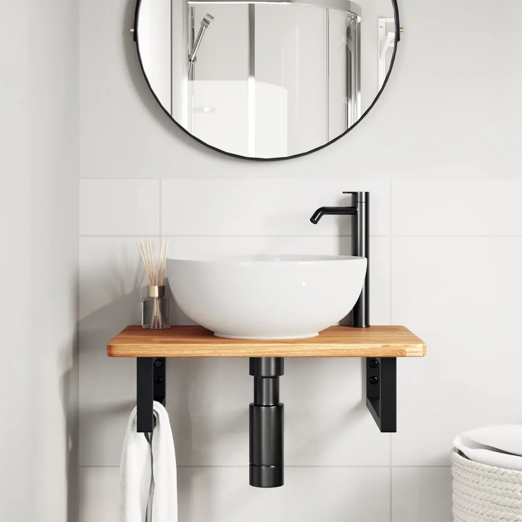 Ripiano a Parete per Lavabo in Acciaio e Massello di Rovere
