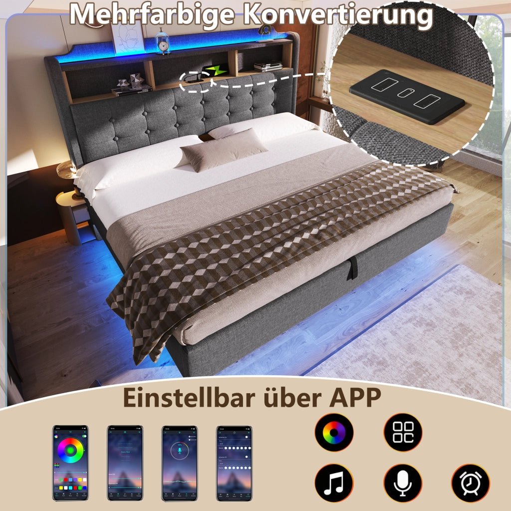 LETTO Contenitore 180x200 cm Grigio in Lino e MDF con LED, USB e Type-C