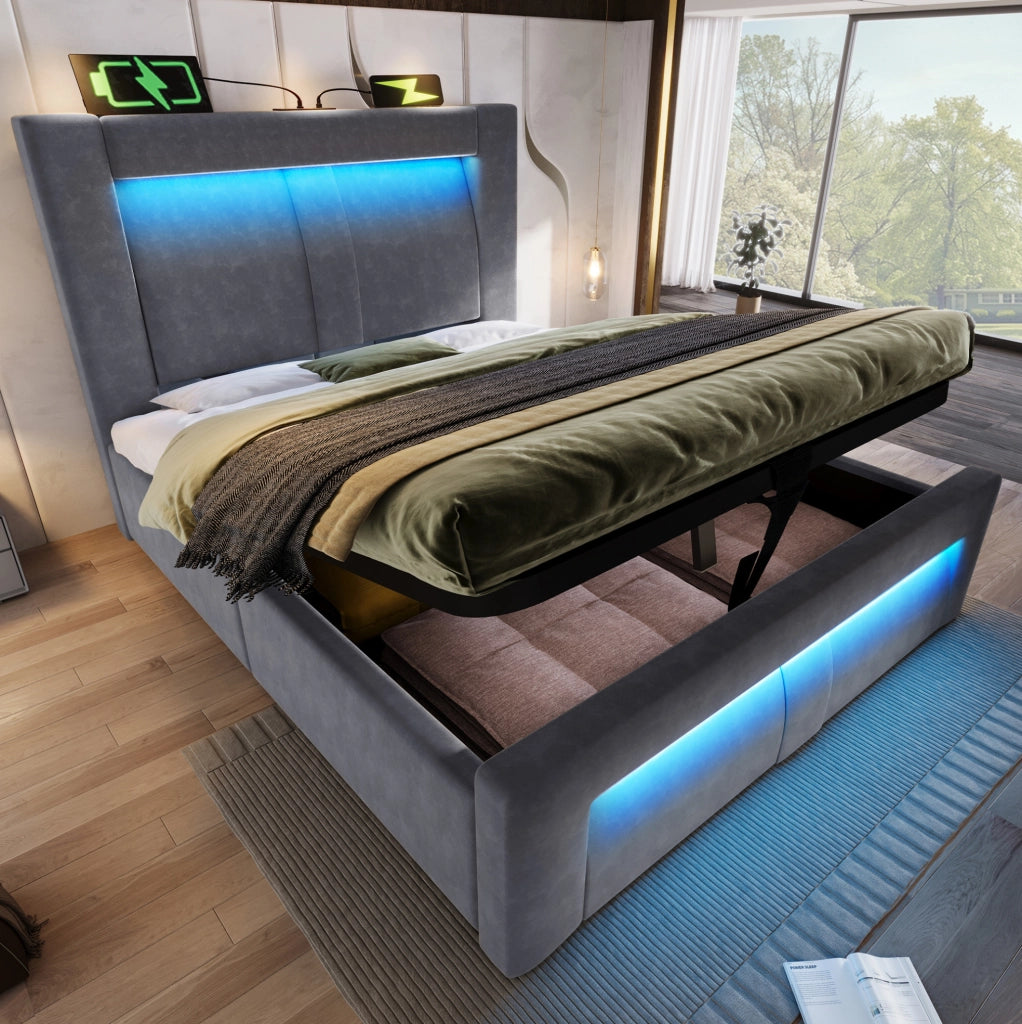 Letto singolo 90x200 cm con contenitore; LED; prese USB e Type-C; velluto grigio