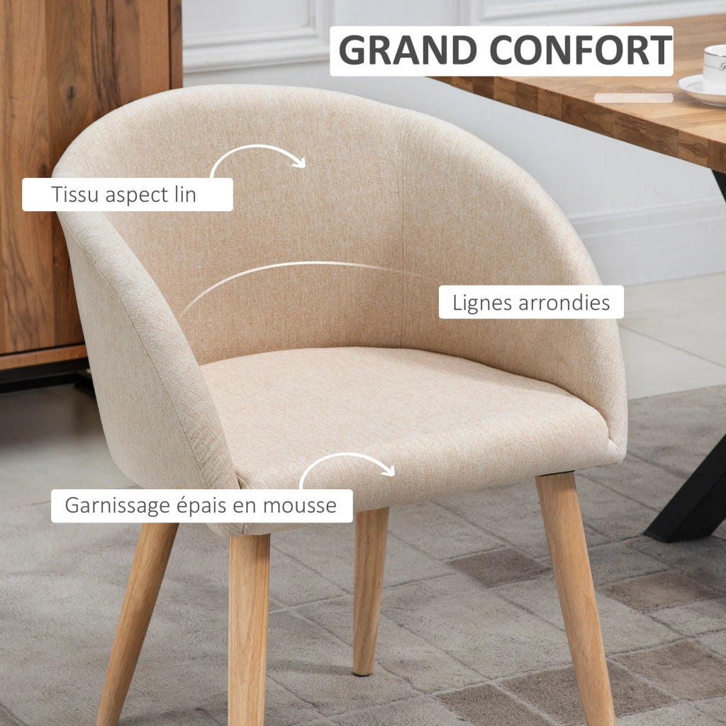 Set 2 Sedie da Pranzo con Braccioli ¨C Xylo ¨C Stile Scandinavo Legno e Tessuto Effetto Lino Beige