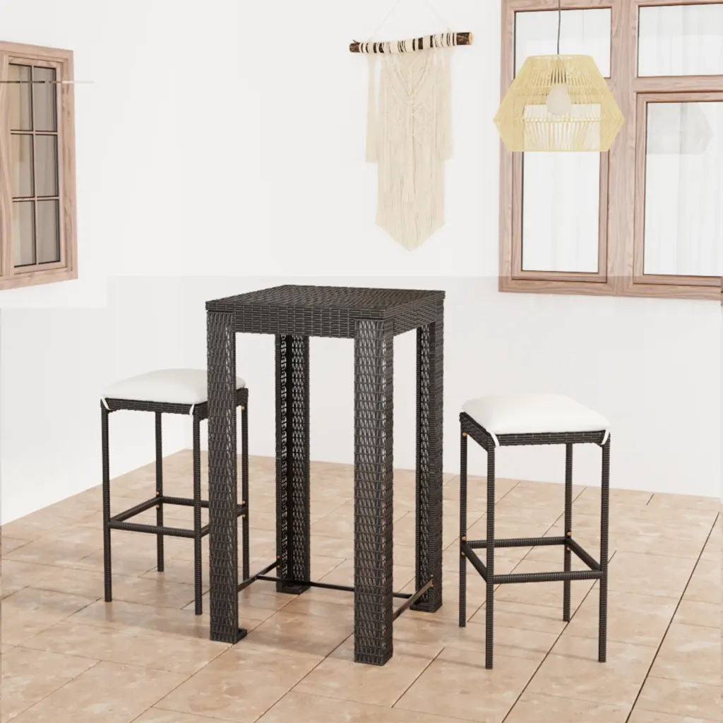 Set Bar da Giardino 3 pz con Cuscini Polyrattan Nero 3064775