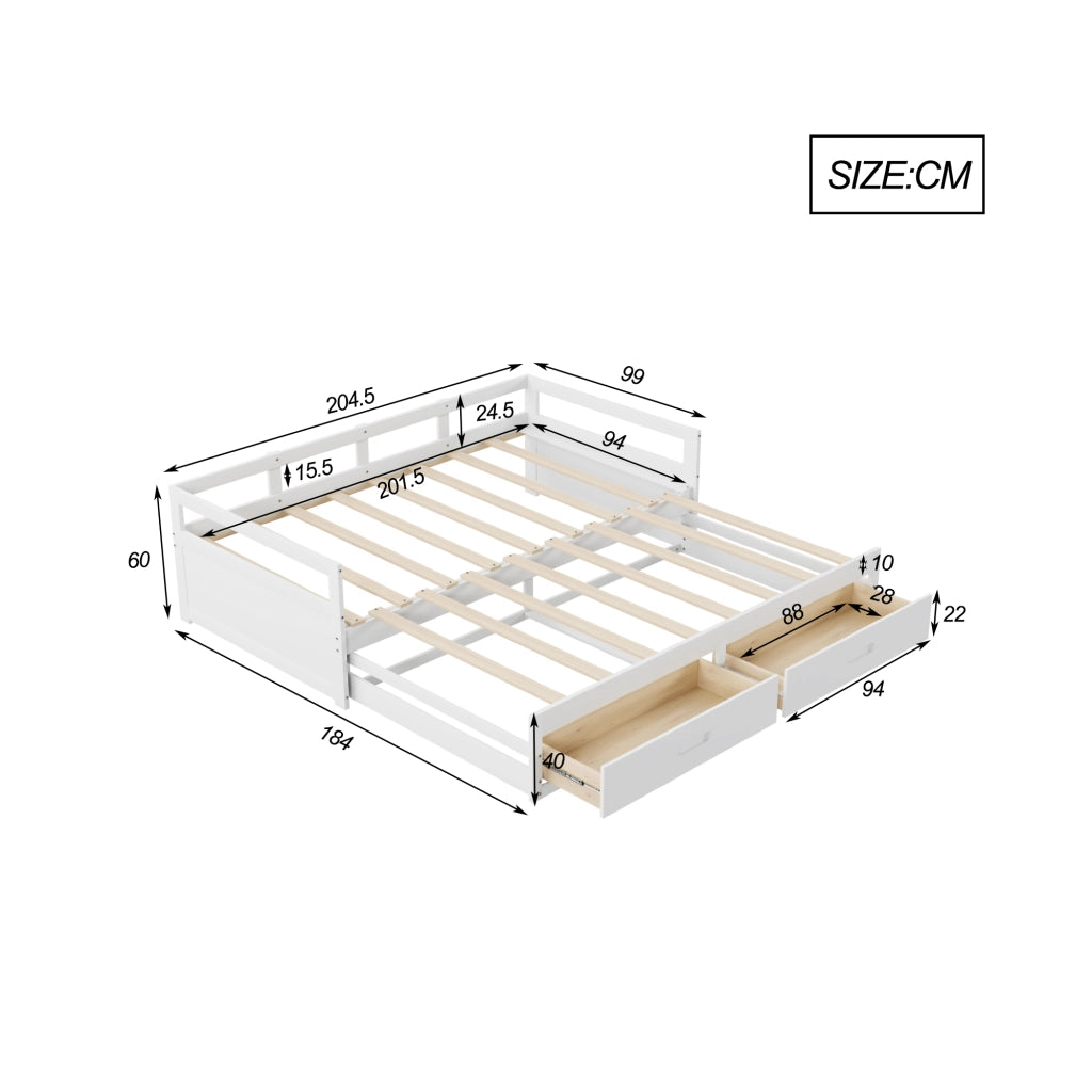 Letto Singolo Estraibile con Cassetti e Doghe ¨C MINIMAL ¨C Pino Bianco 90x200 cm