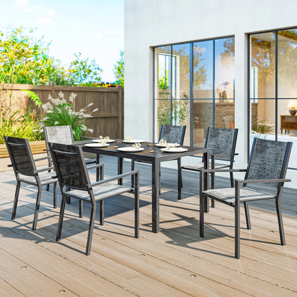 Set da Giardino 7 Pezzi con Tavolo Rettangolare e 6 Sedie Impilabili Traspiranti in Acciaio Grigio e Nero