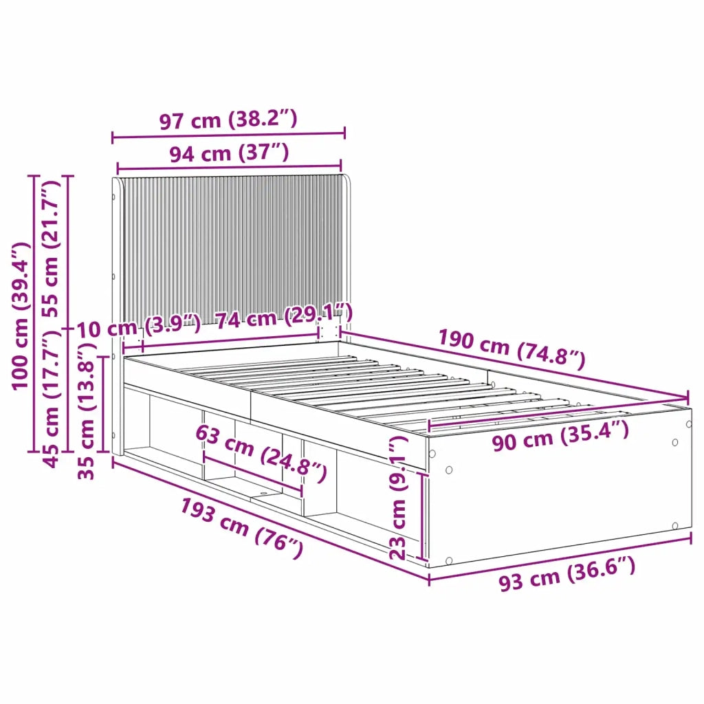 Letto singolo | Letto per adulti | Struttura del letto con stoccaggio e testata Nero 90 x 190 cm