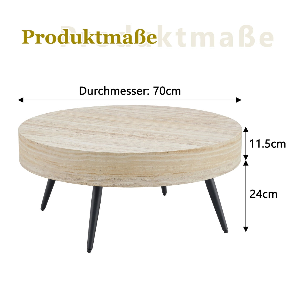 Tavolino rotondo da salotto 70 cm in MDF effetto travertino chiaro con gambe in metallo nere