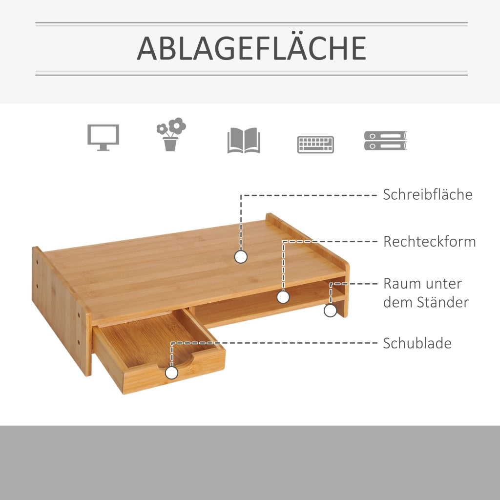 Supporto per monitor, supporto per schermo, organizer da scrivania con cassetti in finitura naturale, 49x25,5x11,5 cm, per l'organizzazione della