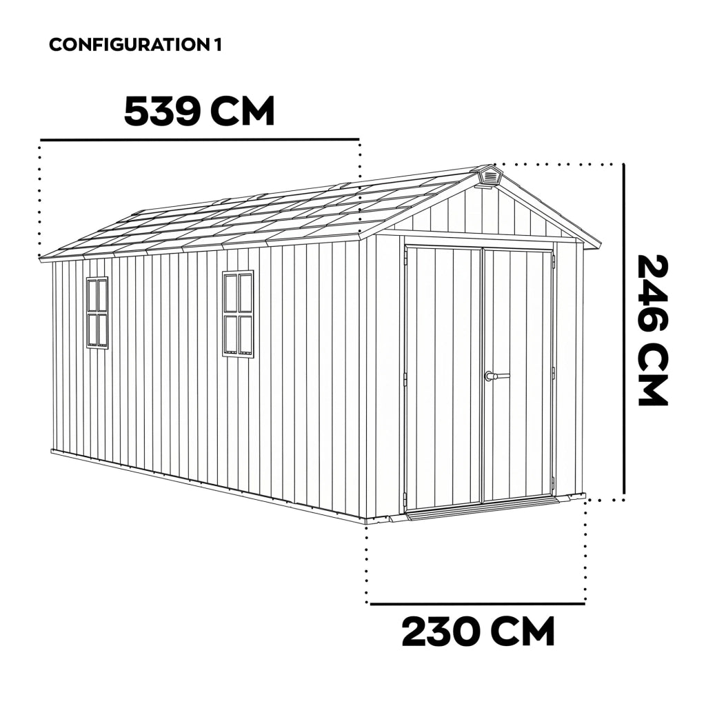 Newton + 7517/1775- Casetta da Giardino 539x246x230 cm 2 Ante per deposito attrezzi finitura effetto legno Evotech+ in Resina Marrone e Nero