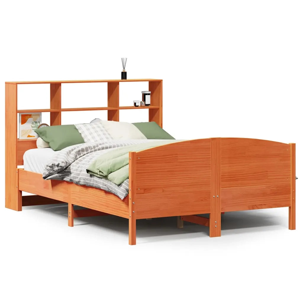 Letto Libreria senza Materasso-Struttura Letto con contenitore Marrone Cera 140x200 cm in Pino 852065