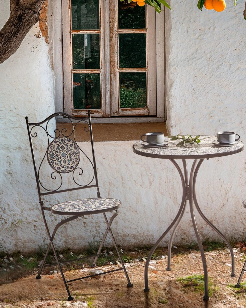 Set di 2 sedie da esterno in metallo nero con motivo a mosaico e struttura pieghevole stile vintage