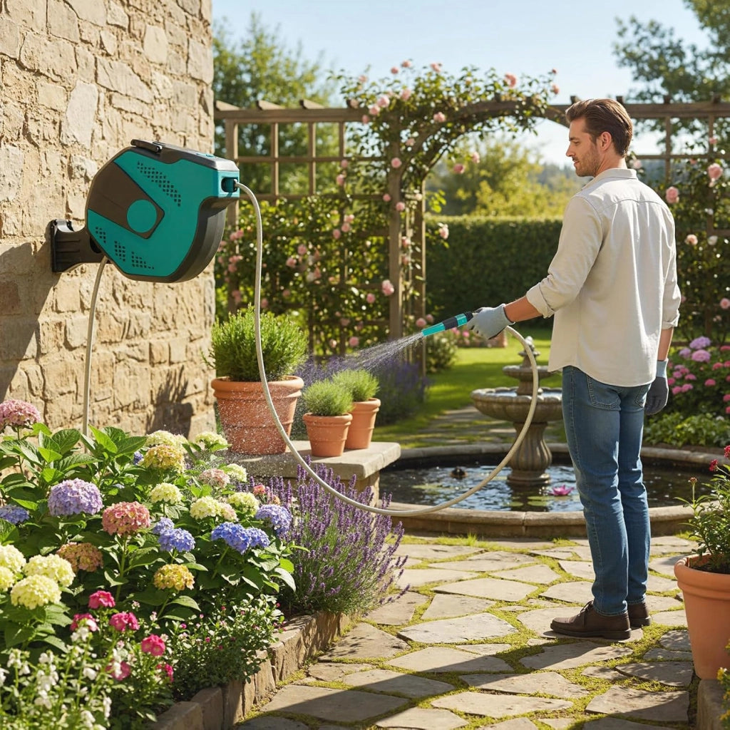 Avvolgitubo da Giardino Automatico a Muro, Tubo in PVC 20 M con Tubo di Alimentazione 2 M, Supporto Girevole a 180°, Ritorno Lento, Avvolgitubo Acqua Retrattile con Ugello Spray (20 M)