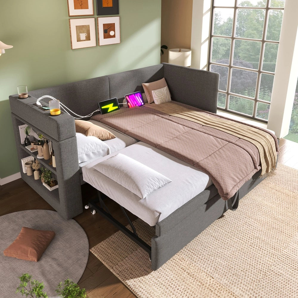 Letto Singolo Imbottito con Divano Estraibile ¨C MINIMAL ¨C Tessuto Grigio 90x200
