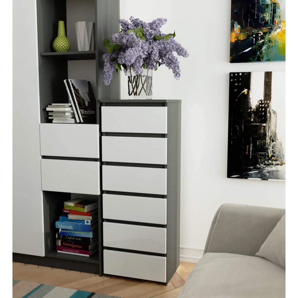 Cassettiera AKORD CL6 Cassettiera Grigia Grafite 40 cm 6 cassetti inserto frontale Bianco 40x35x109 cm