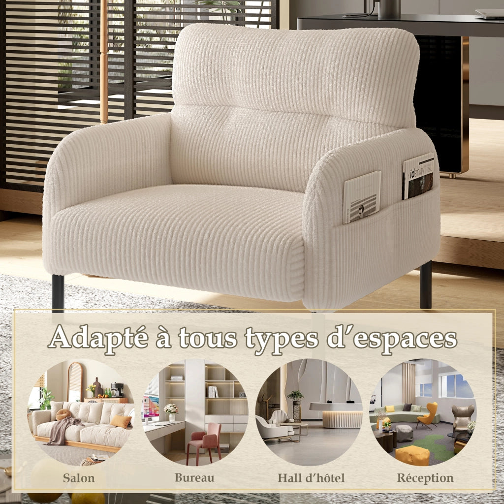 Poltrona Singola con Seduta Profonda con Tasche Laterali Comfort Ergonomico Struttura Metallo in Velluto a Coste Beige