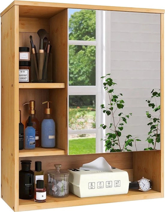 Specchio bagno a muro con contenitore per farmaci e accessori da bagno in bambù