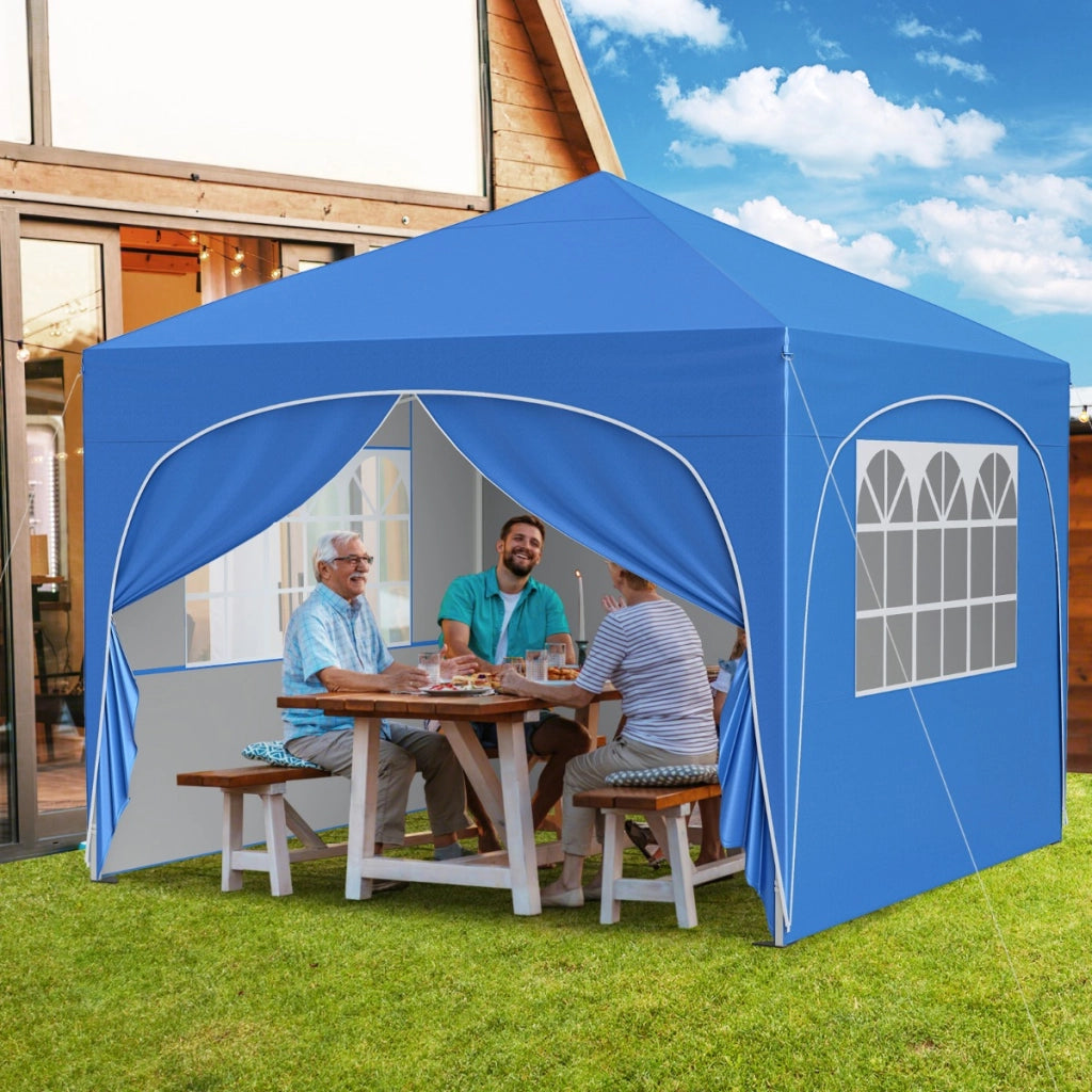 Tenda gazebo richiudibile con 4 pareti rimovibili 3x3 m borsa con ruote, Riparo sole da spiaggia pieghevole Blu