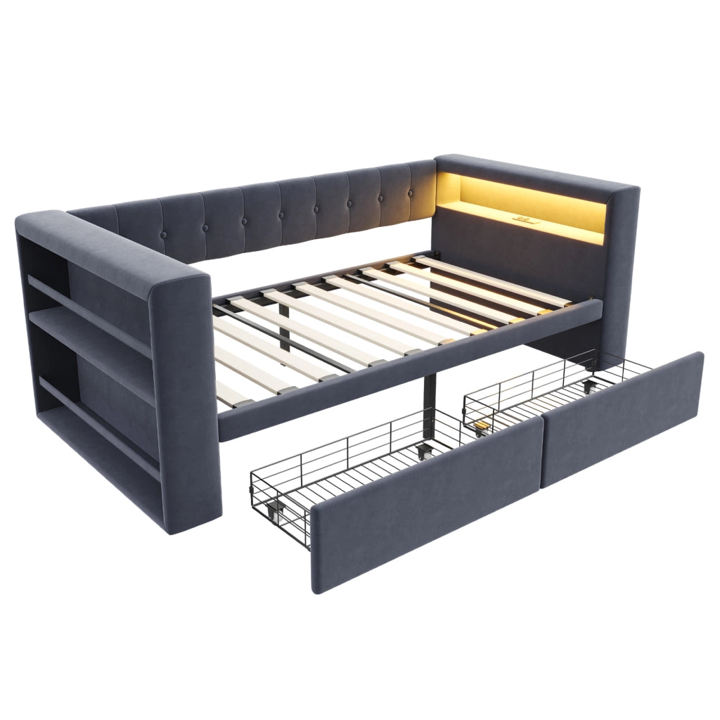 Divano letto multifunzionale 90x190 cm con LED; prese e contenitore; grigio scuro