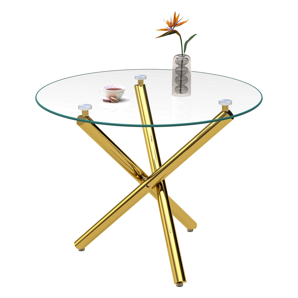 Tavolo da pranzo rotondo in vetro temperato gambe dorate 80x80x76 cm stile minimalista moderno