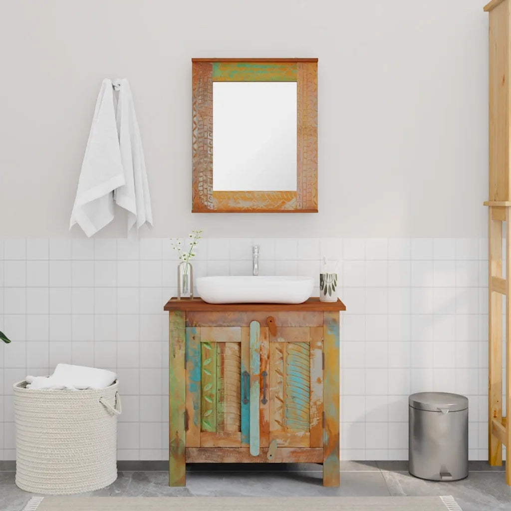 Armadietto in Legno di recupero solido per Bagno-Mobile bagno con specchio con Specchio
