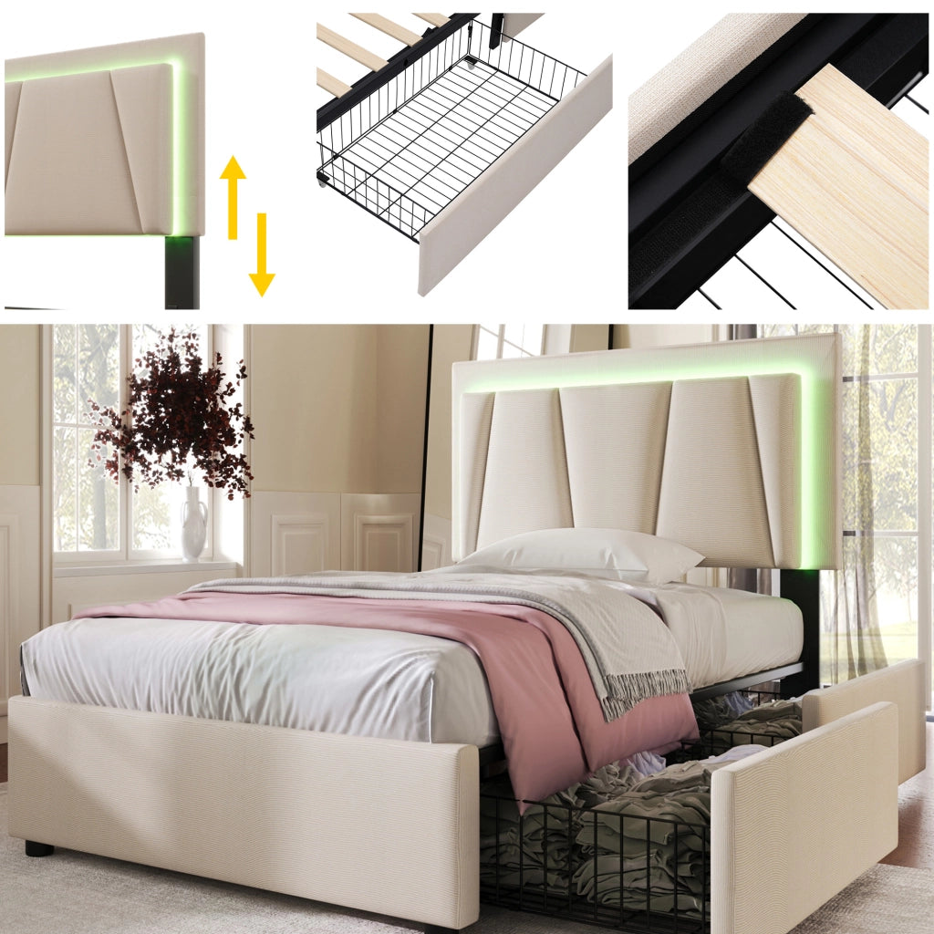 OKWISH Letto Singolo con Cassetti 90×200 cm con LED, 2 Cassetti, Testiera Regolabile e Telecomando, senza Materasso, Beige