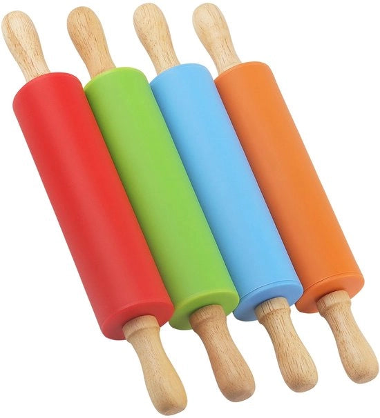 Set di 4 Mini Rotolini in Legno con Maniglia in Silicone - Ideali per la Preparazione di Panificati e Pizza - Facili da Pulire e Duraturi