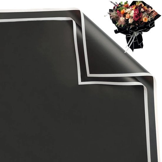 Pacco da fiori impermeabile - Nera e bianca bordura - Fiori - 58 x 58 cm - Carta da garza - Confezione per bouquet