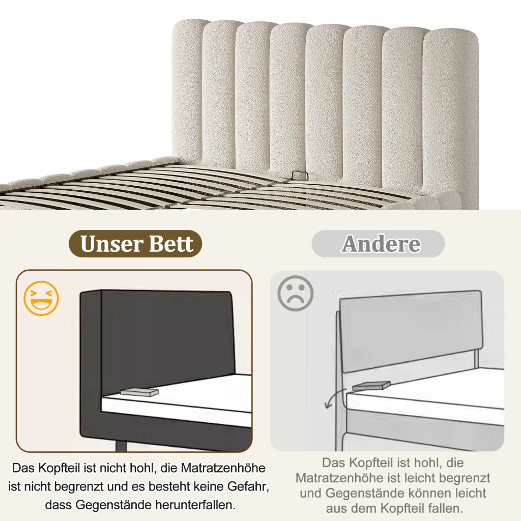 Letto matrimoniale in bouclé bianco 160x200 sollevamento idraulico doghe testiera