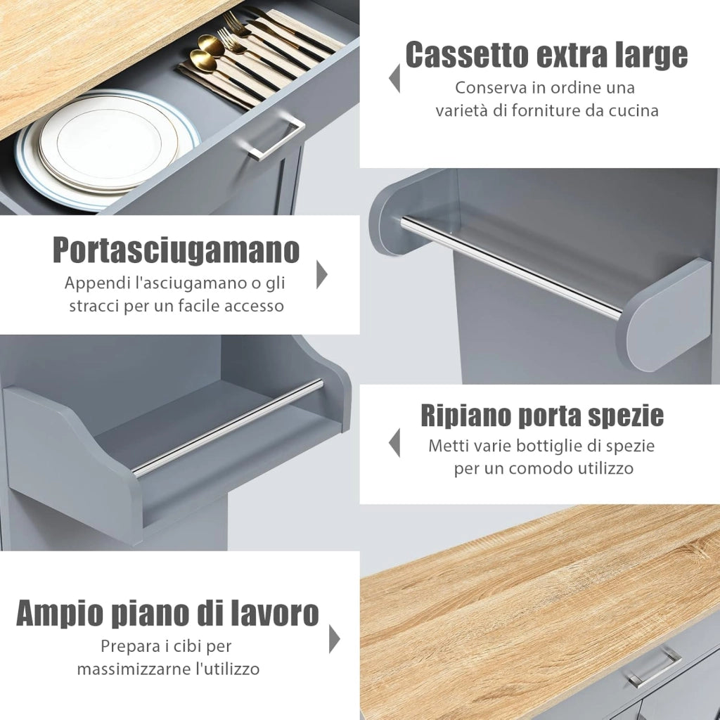 Carrello da Cucina con Ruote di Gomma, Scaffale per Microonde Carrello Servizio, Mobile Cucina con Ripiani e Ante, Credenza Cucina Legno Moderno Elegante, 116 x 37 x 85 cm (Grigio)