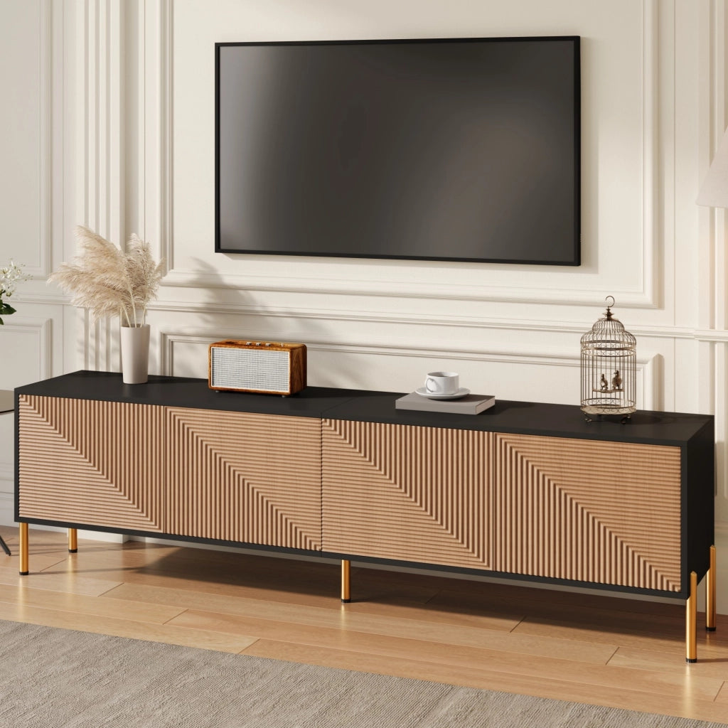 Mobile TV 179x35x53.5 cm con 4 ante e spazio contenitore in truciolare nero e naturale
