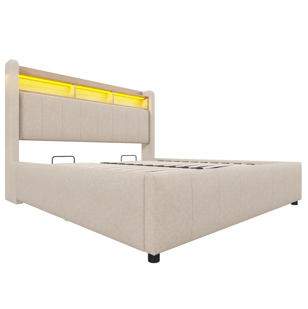 Letto imbottito 160x200 cm con LED, USB/Type-C e vano contenitore