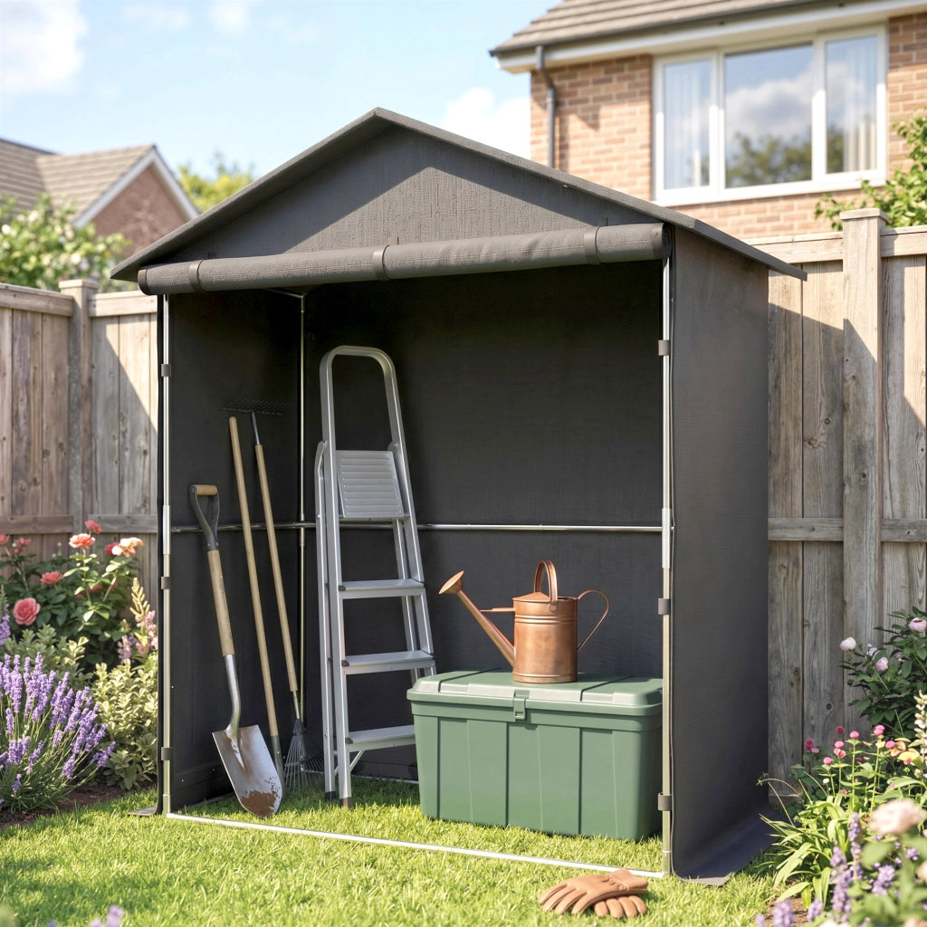 Capanno da Giardino 1.1x2 m con Porta Avvolgibile, Tenda Garage per Bici e Moto, Grigio Scuro