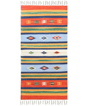 Tappeto KELIM 06 disegni etnici orientali colori vivaci cm.90x150 tessuto e frangia 100% cotone, lavabile in lavatrice