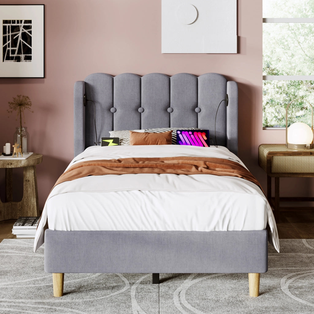 LETTO imbottito 90x200 cm grigio in lino con porta USB e USB-C