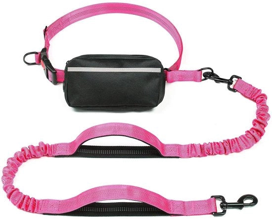Cintura per cani senza mani con taschetto, maniglie imbottite e elastico in bungee duraturo per camminare, correre e andare in bicicletta con il vostro cane (11-54 kg) - rosa