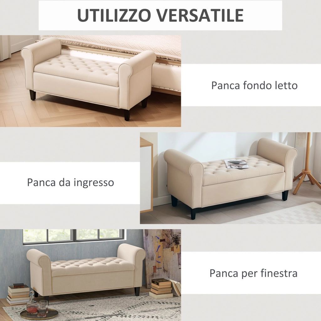 Panca Pouf Contenitore in Tessuto Velluto con Braccioli ¨C Xylo ¨C Beige, 126x48.5x57 cm