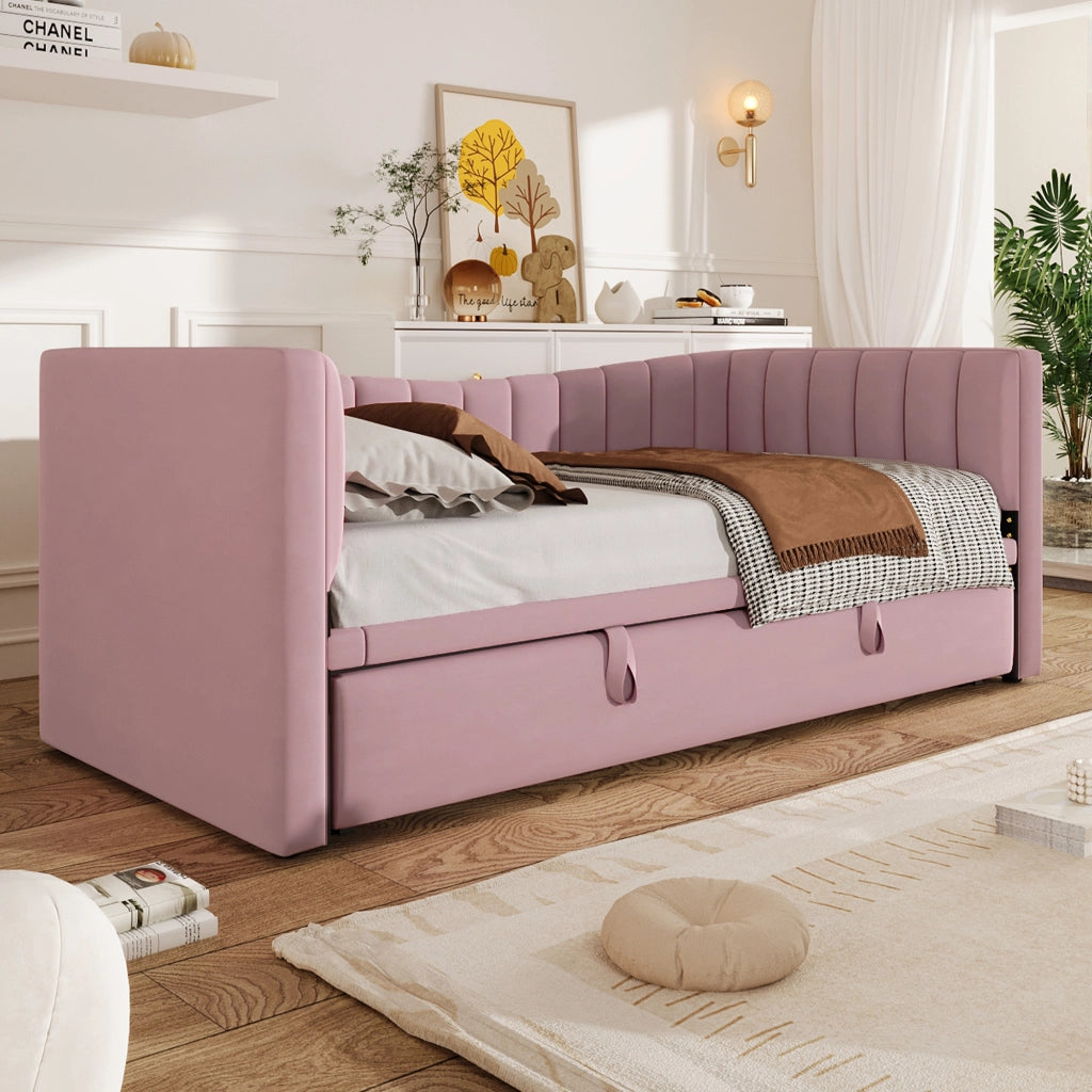 Daybed imbottito con letto estraibile 90 x 200 cm (180 x 200 cm), in velluto, rosa, senza materasso