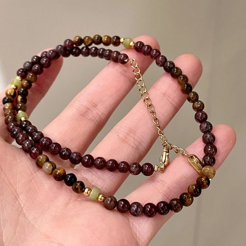 Collana vintage con perline di granato, collana con pietra naturale marrone Maillard, regalo di Natale o compleanno.