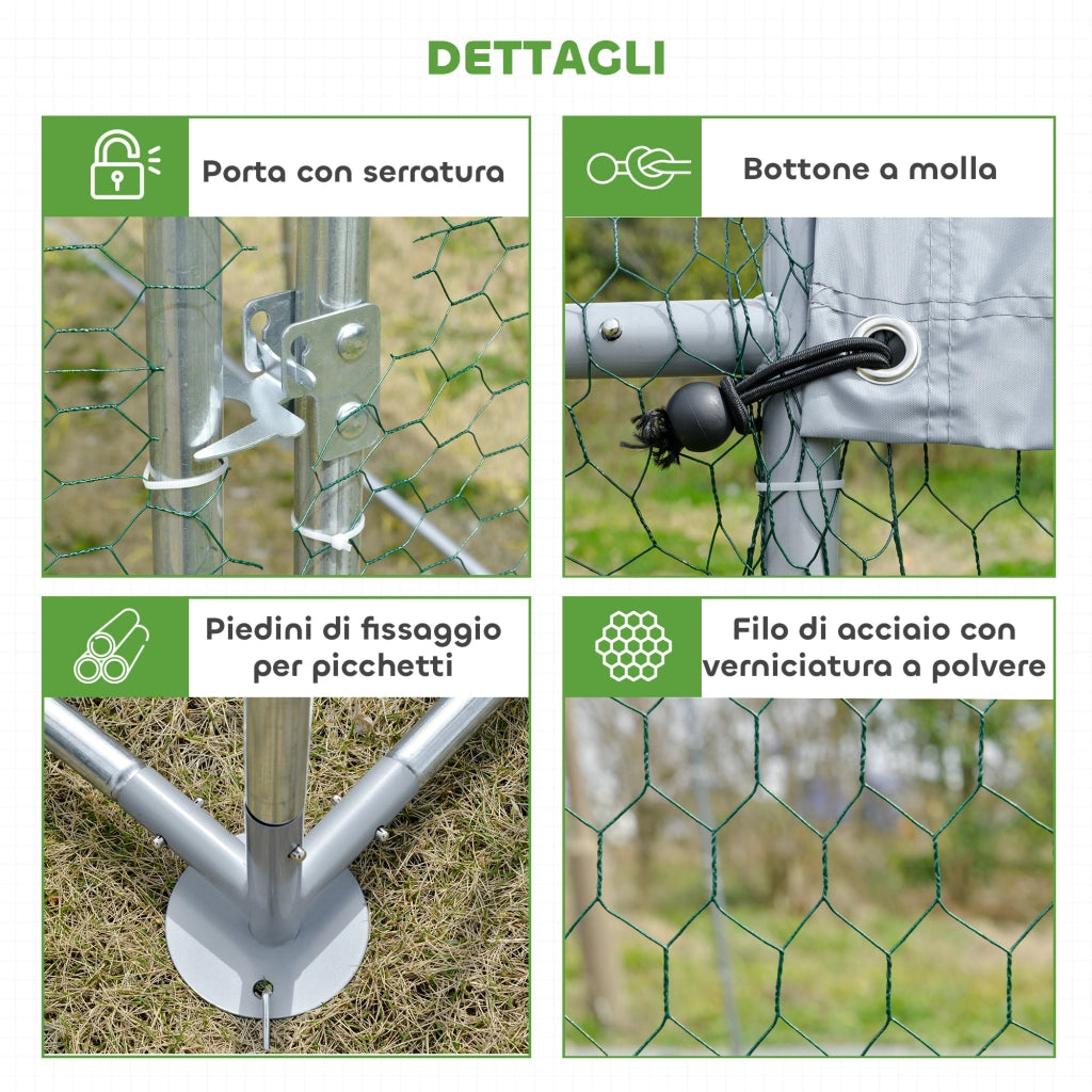 Recinto per Galline in Metallo Galvanizzato con Tetto e Copertura Anti UV, 280x380x197 cm, Argento