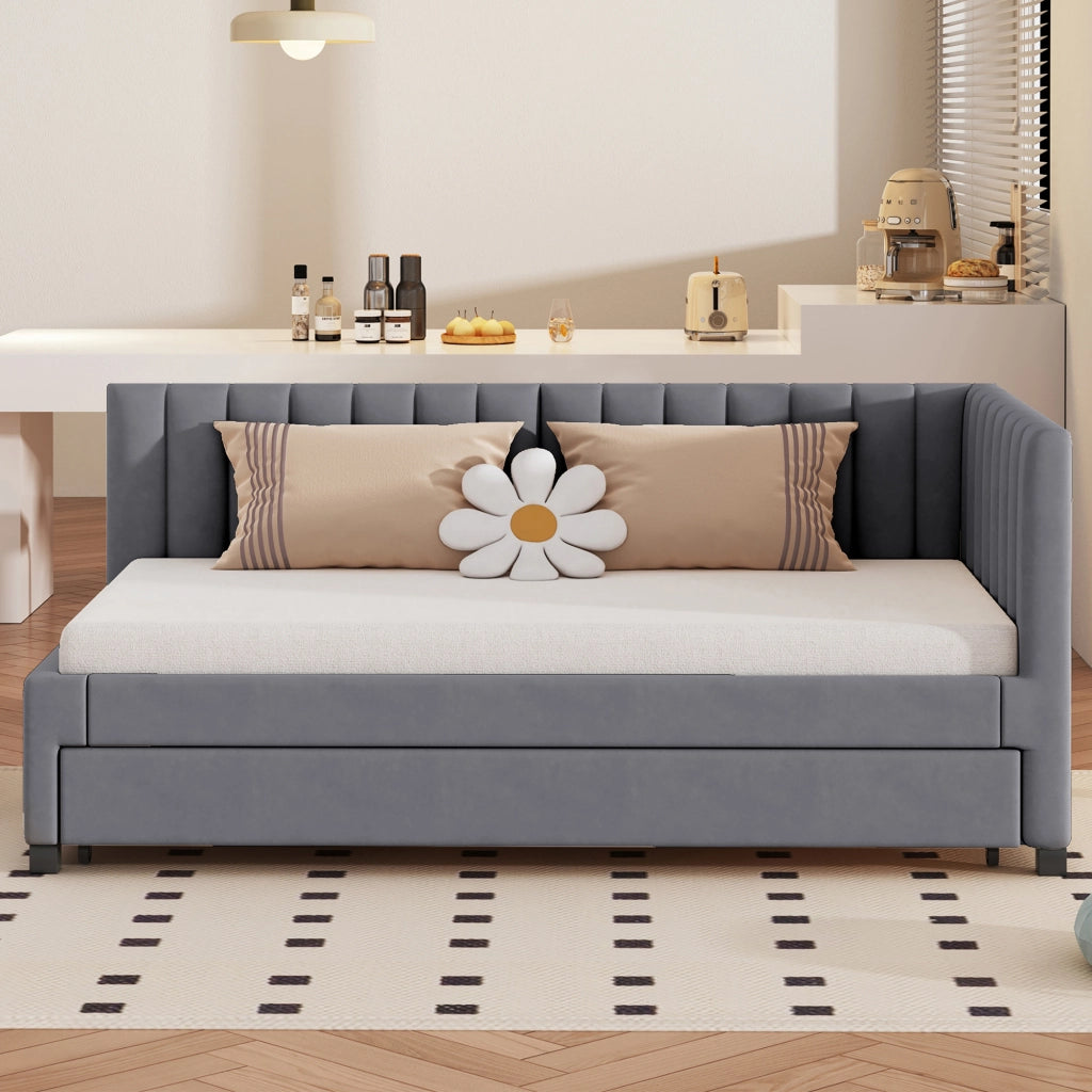Letto estraibile singolo 90×200 cm con rete e struttura imbottita in velluto; senza materasso; grigio
