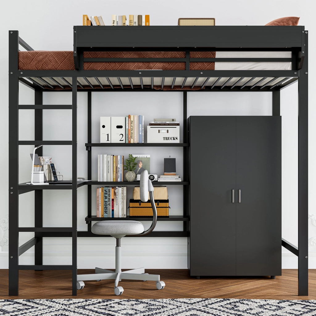 Letto a castello in metallo e legno nero 90x200 cm con tavolo, armadio e scala a 5 gradini