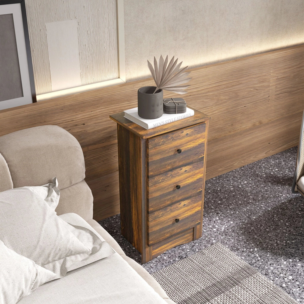 Comodino 3 Cassetti Stile Rustico 40x30x74 cm Marrone