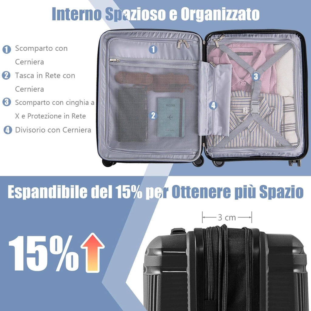 Set di Bagagli da 2 Pezzi, Valigia Trolley da 20" e Casetta da Trucco da 14" in Materiale PP Rigido Leggero con Lucchetto TSA, Porta USB e Ruote Girevoli, Bagaglio a Mano Espandibile (Nero)