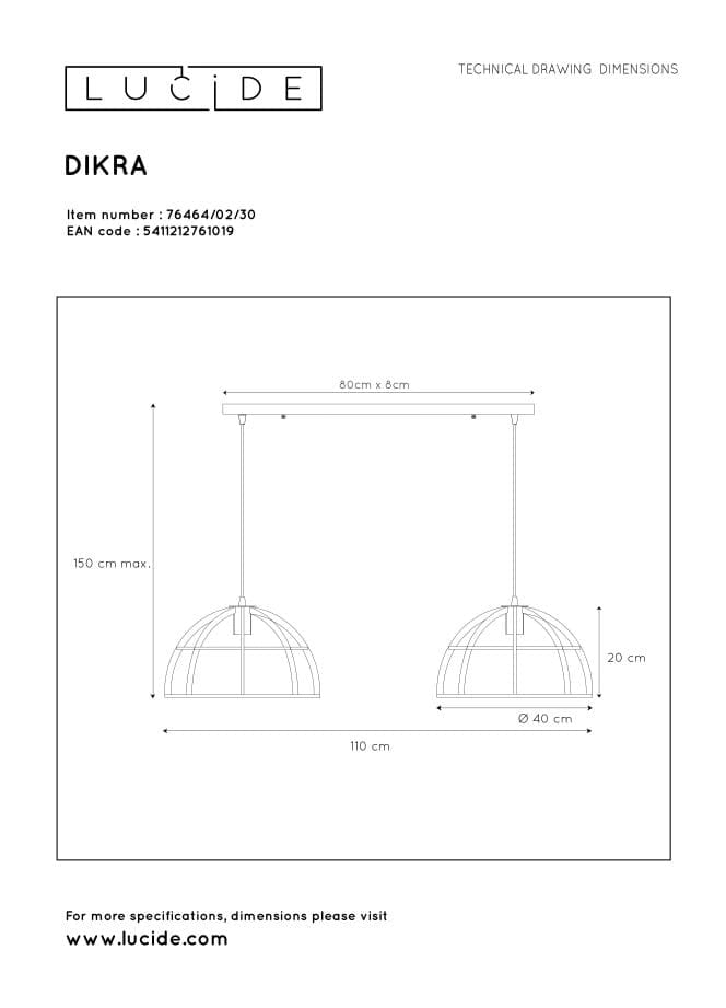 Lampada a sospensione Lucide Dikra 2xE27 nera 150cm