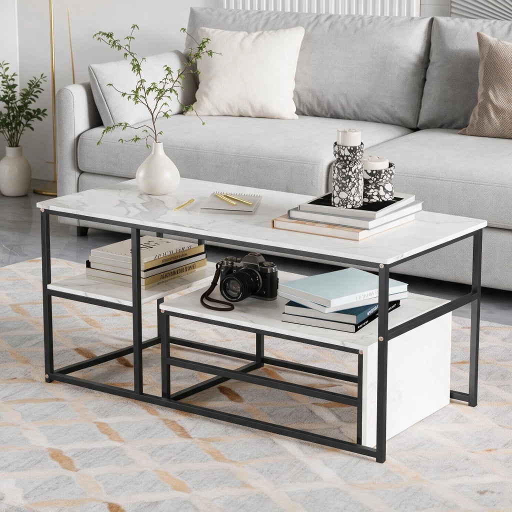 Tavolini da salotto set 2 pezzi 105x52x48,5 cm tavolino pieghevole sovrapponibile con contenitore effetto marmo metallo - nero