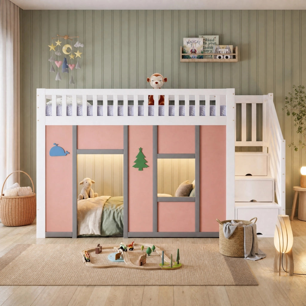 Letto a soppalco per bambini 90x200 cm bianco e rosa con scala contenitore e LED