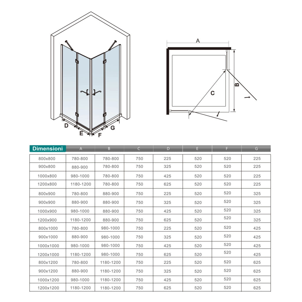 120x120x190 cm Box Doccia Angolare Porte Battenti in Vetro 8 mm Temperato Trasparente Anticalcare Ante con Barre Stabilizzatrici