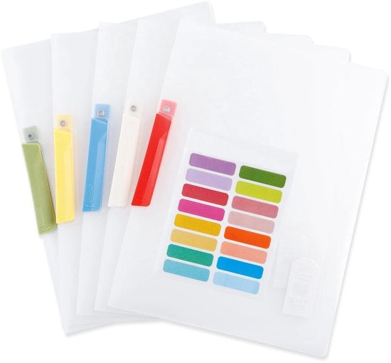 5 mappe A4 in plastica, robuste, con etichetta, formato DIN A4, con protezione mappe, strisce archiviazione trasparenti PP, per scuola e ufficio