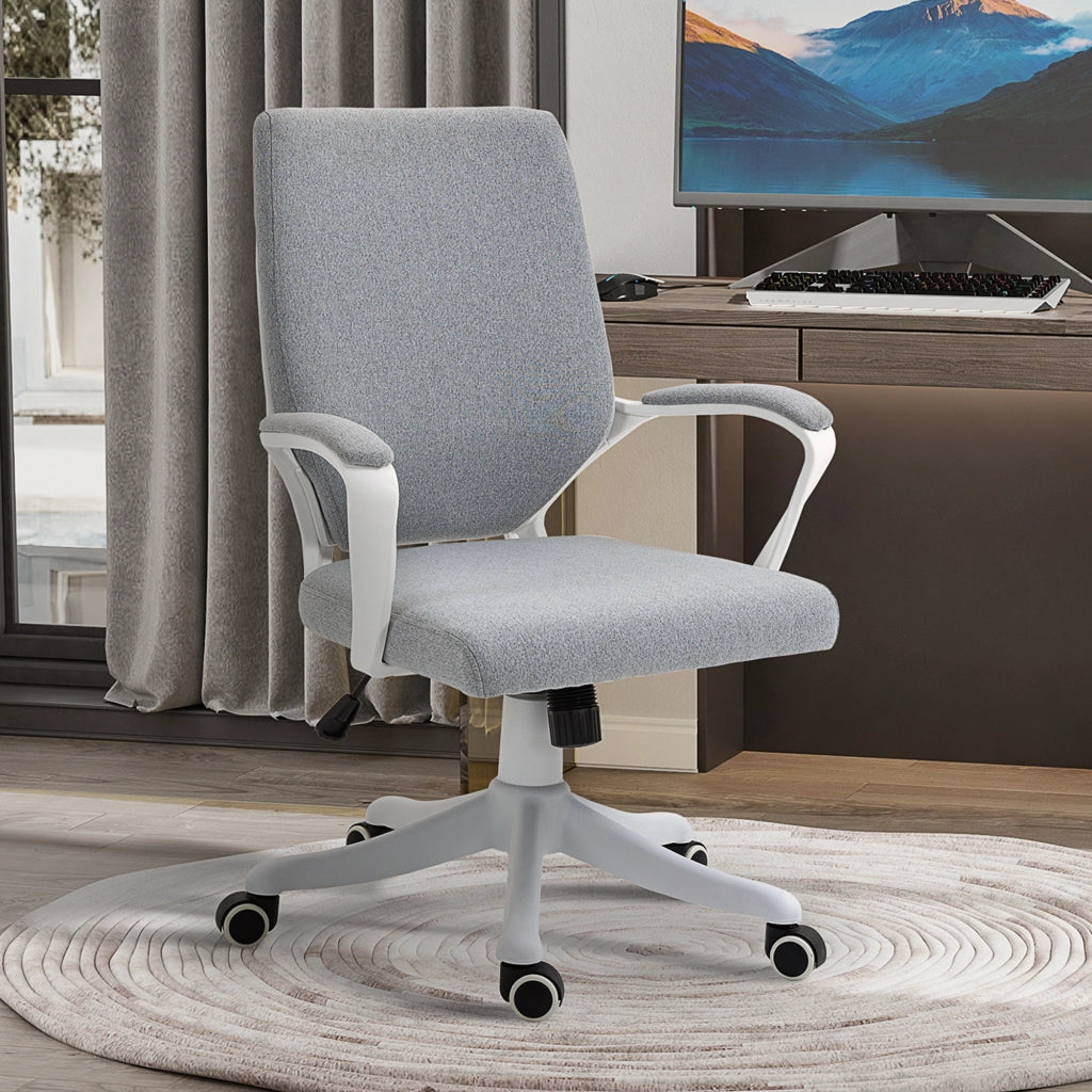 EasyComfort Sedia da Ufficio Ergonomica con Altezza Regolabile, Sedia Scrivania Imbottita Girevole 360° e Funzione Dondolo, in Tessuto effetto Lino Traspirante, per Studio, Grigio